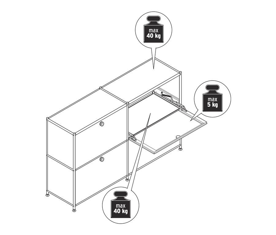 Nákres odkladacej skrinky »CN3« so štyrmi výklopnými doskami, z ktorých sú dve otvorené. Maximálna nosnosť hornej a spodnej dosky je 40 kg a výklopných dosiek 5 kg.
