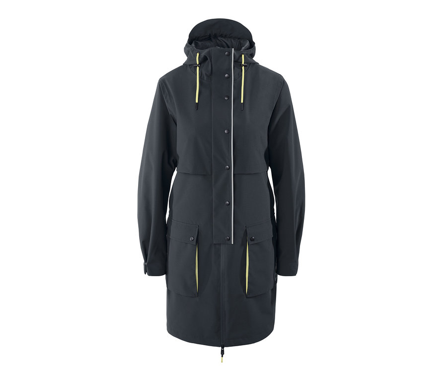Tmavosivá funkčná parka do dažďa s kapucňou, zapínaním na gombíky a žltými detailmi.