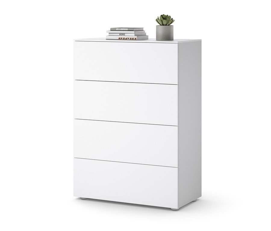Biela komoda so zásuvkami so štyrmi zásuvkami a rastlinou na vrchu.
