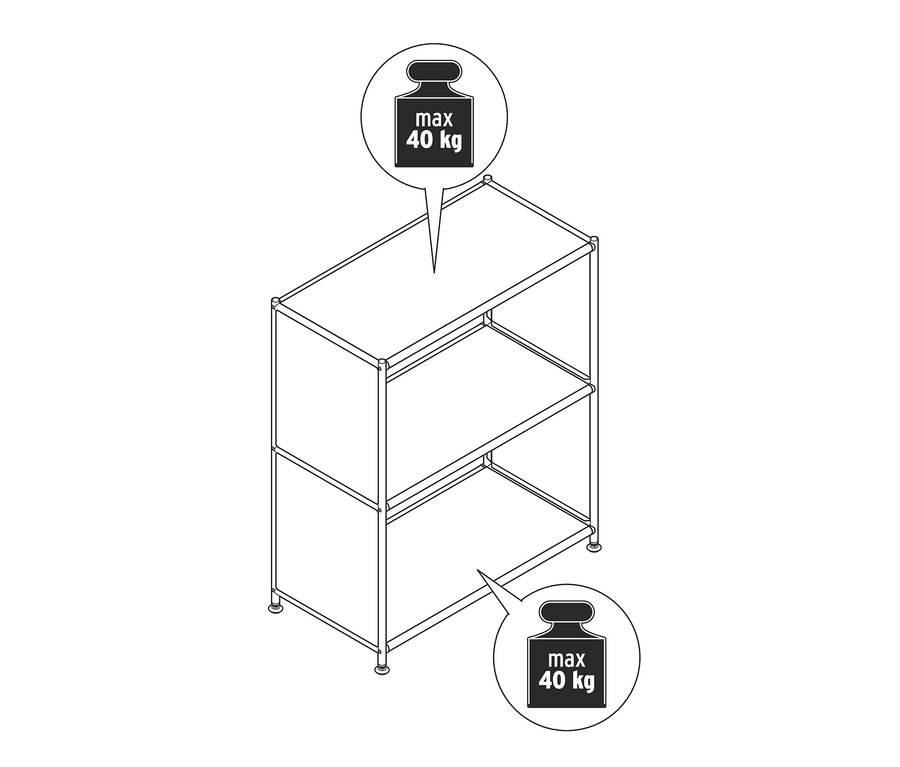 Nákres kovového regálu »CN3« s 2 priehradkami.