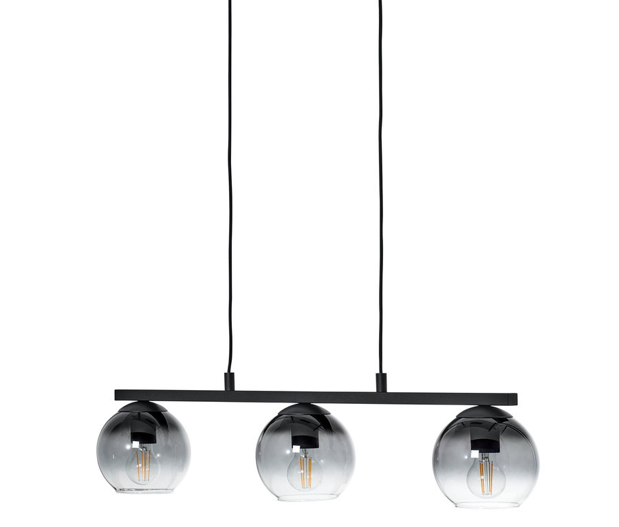 Čierne závesné svietidlo s tromi tienidlami z dymového skla.