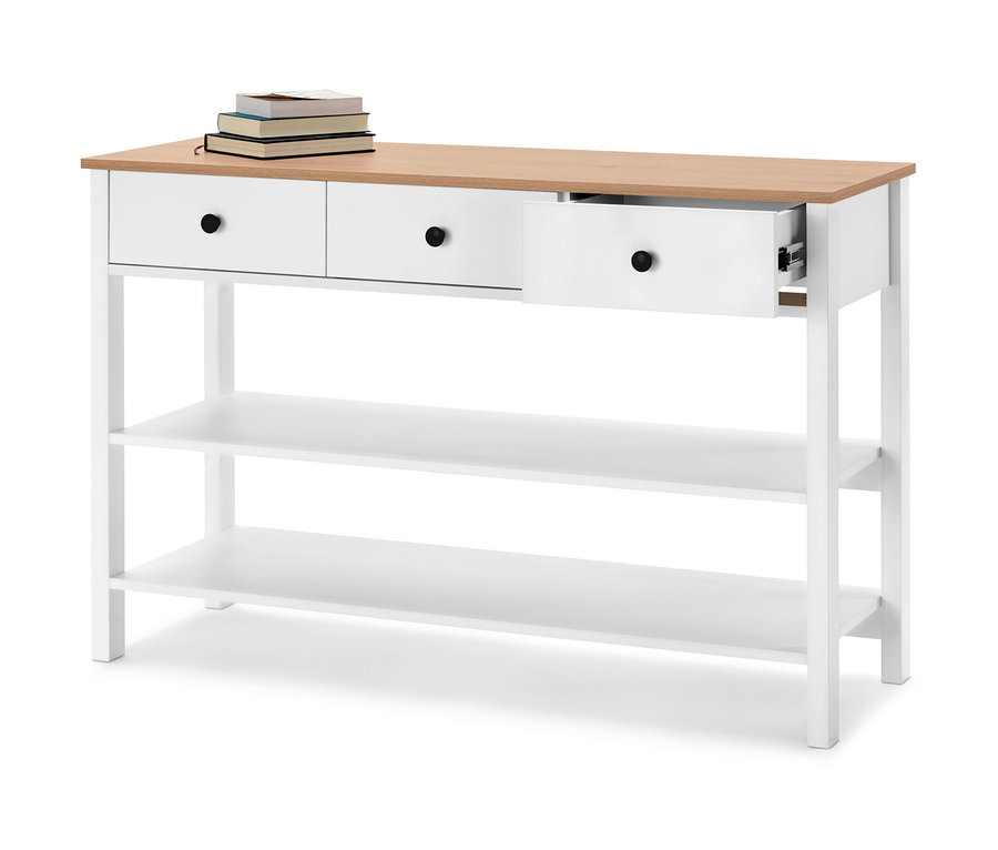 Biely príborník so zásuvkami a svetlou drevenou doskou. Na doske ležia knihy.