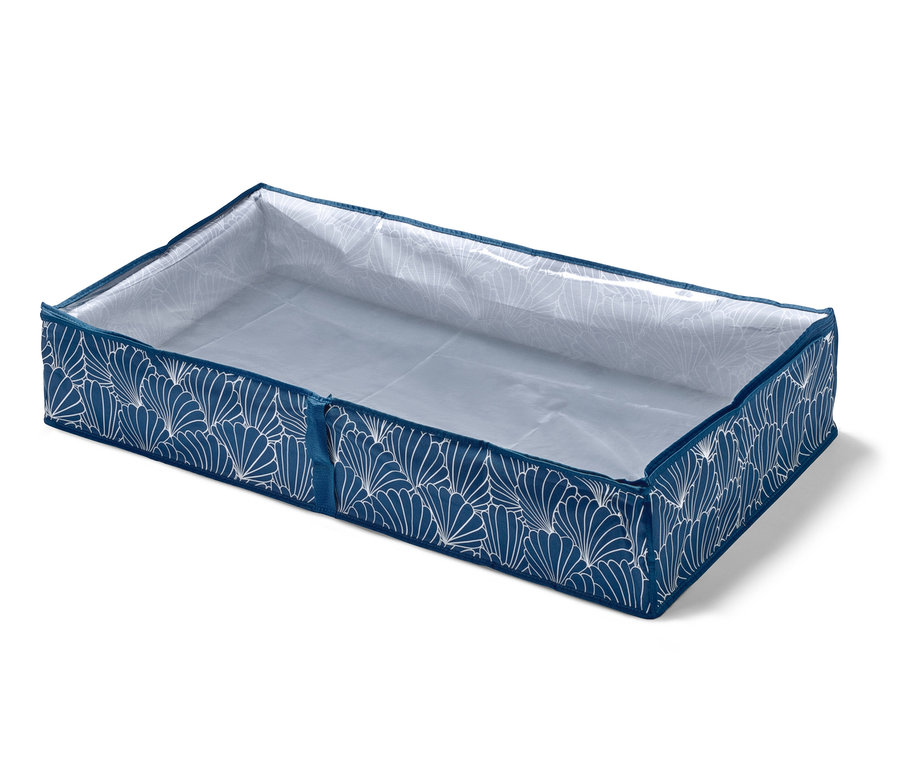 Modrá komoda pod posteľ s bielym vzorom.