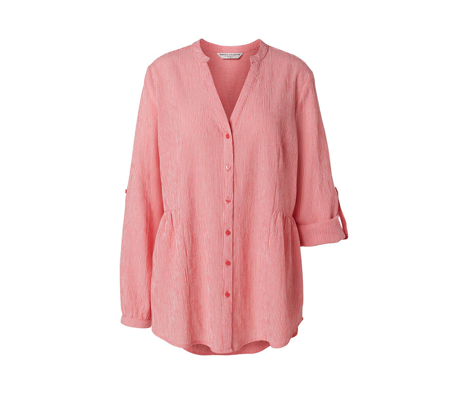 Koralová pásikavá dlhá tunika s gombíkmi a rolovacími rukávmi.