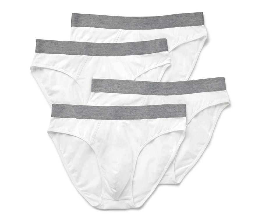 Štyri biele slipy so sivým pásom.