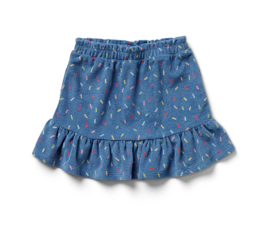 Modrá froté sukňa s farebnou potlačou.