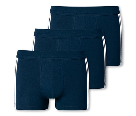 Troje tmavomodré boxerky SCHIESSER s bielymi pruhmi na boku.
