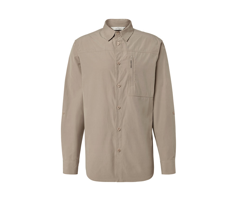 Béžová outdoorová košeľa s dlhými rukávmi a ochranou proti komárom.