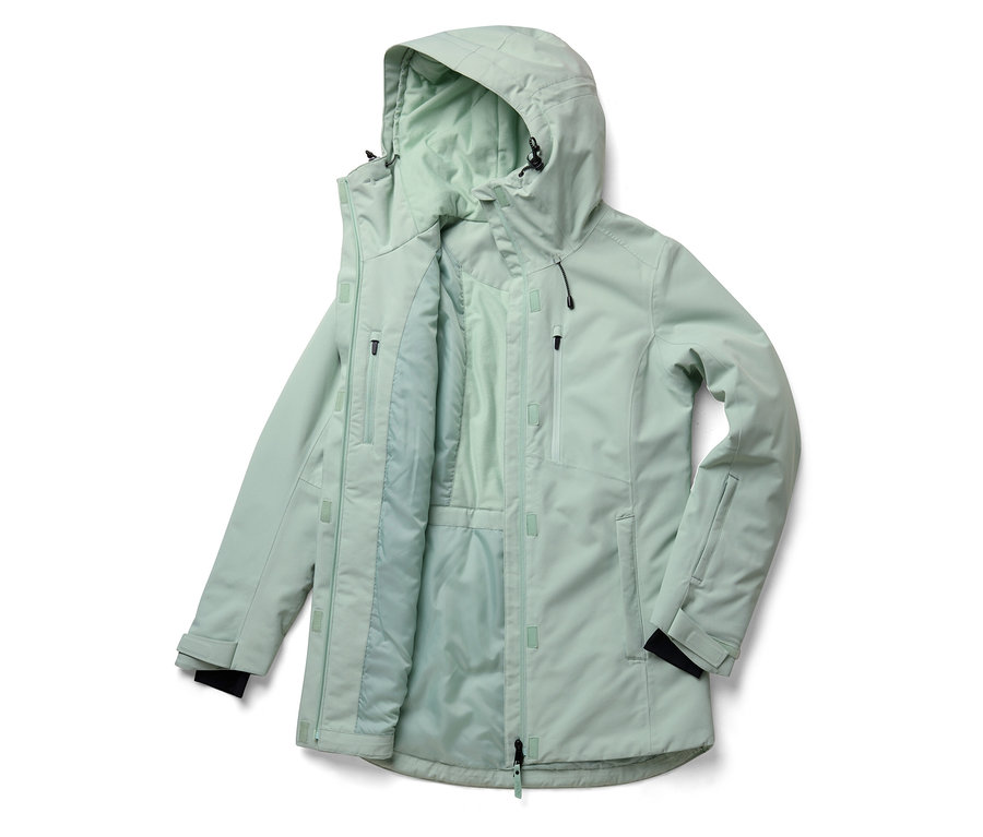 Otvorená bunda svetlozelenej farby s kapucňou. Bunda má zips a niekoľko vreciek.