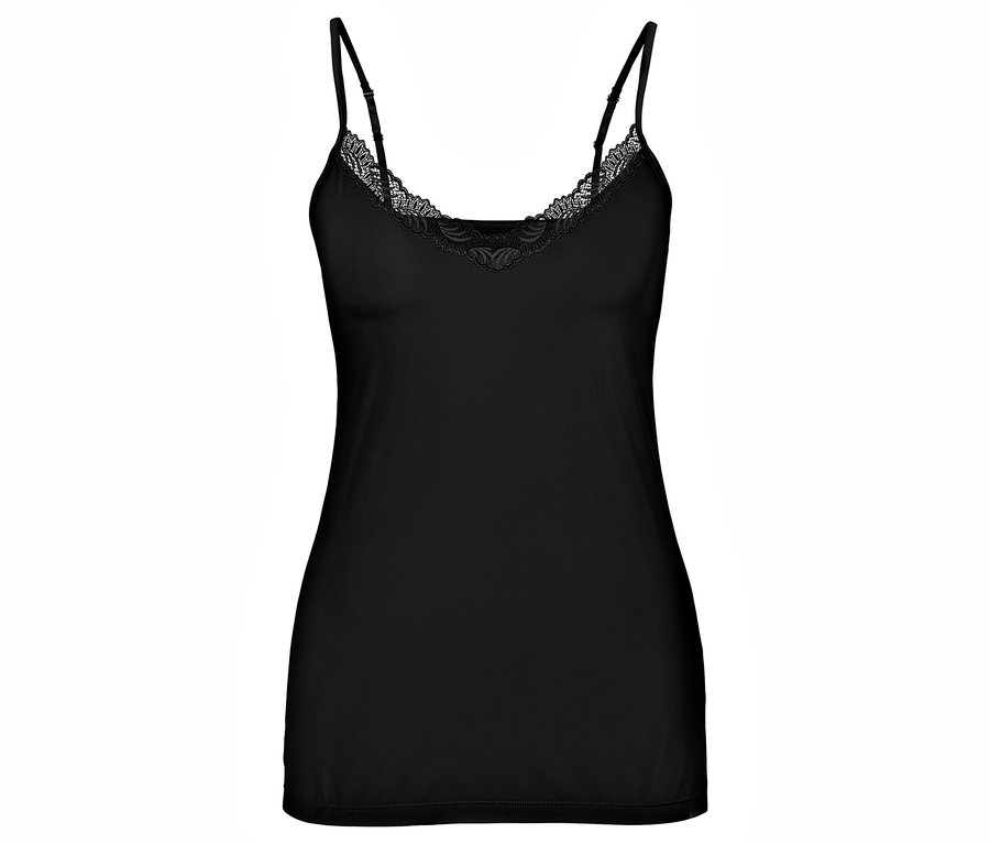 Čierne tielko s čipkou na bielom pozadí.