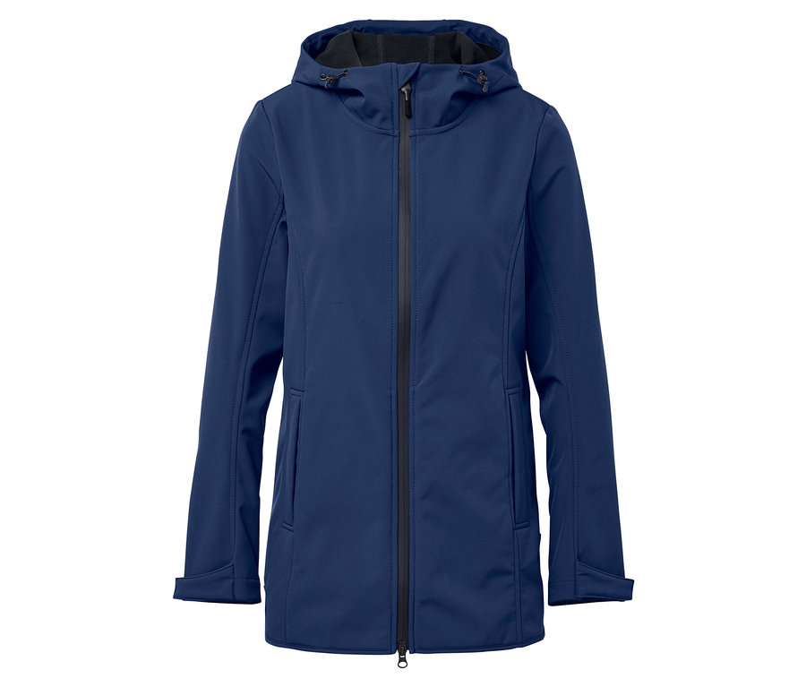 Tmavomodrá softshellová bunda s kapucňou a zipsom v strede.