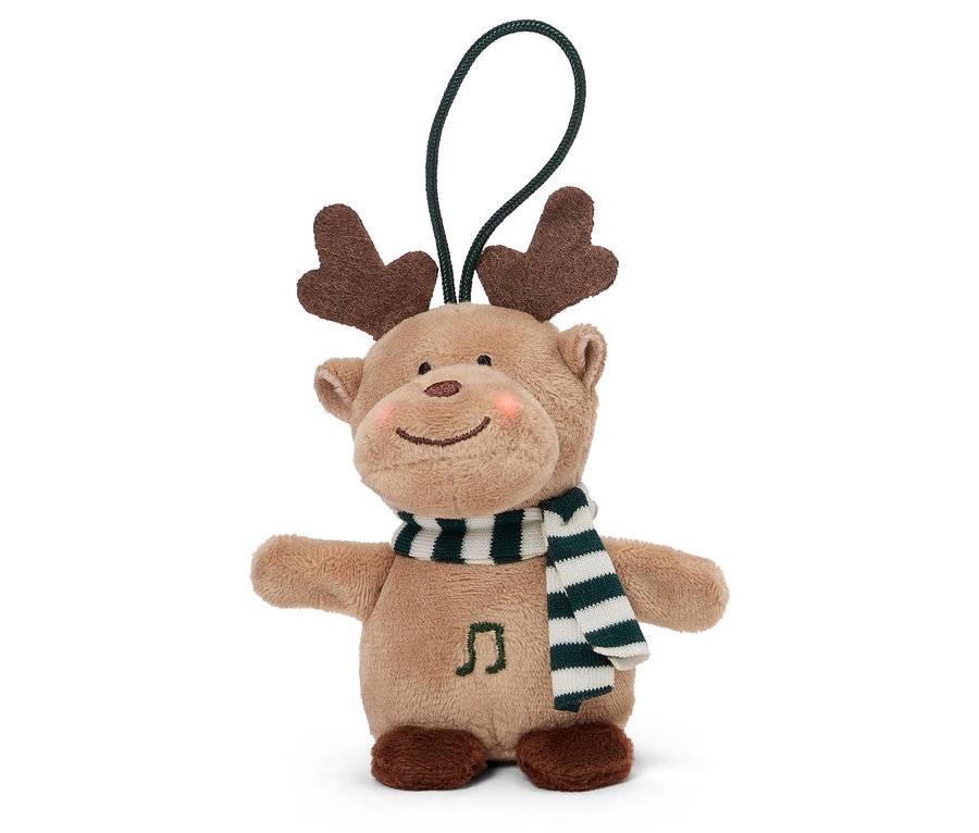 Plyšový hnedý sob s šálom a pútkom.