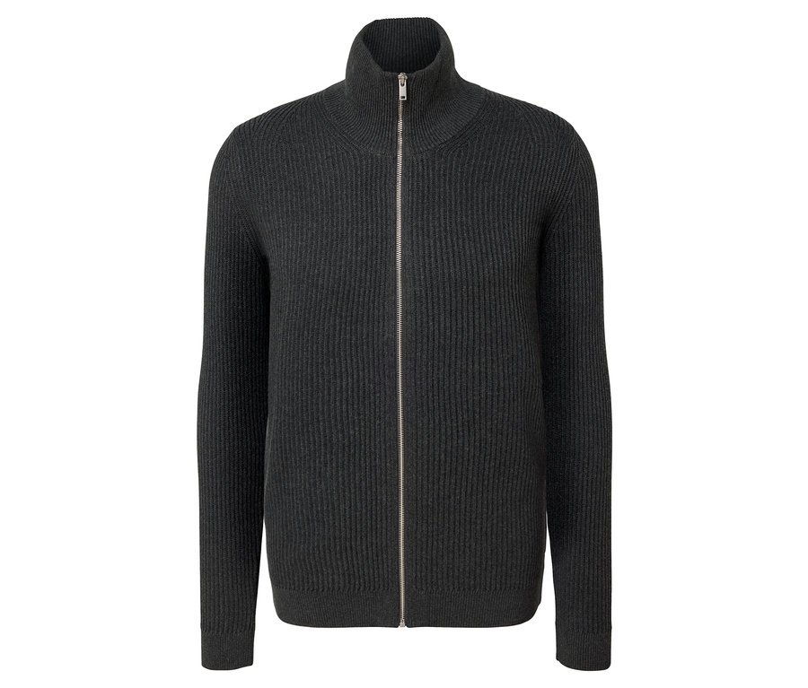 Antracitový pletený sveter so zipsom.