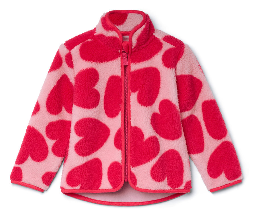 Ružová flísová bunda so zipsom a červenými srdiečkami.