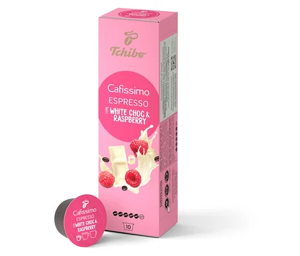 Balenie 10 kapsúl Cafissimo Flavoured Espresso - White Choc & Raspberry. Vedľa balenia leží jedna kapsula.