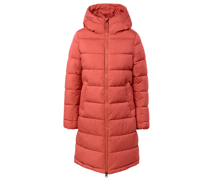 Oranžová prešívaná bunda s kapucňou a zipsom uprostred.