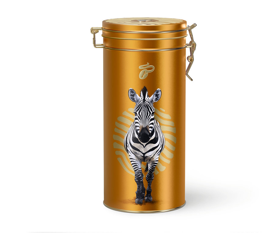 Zlatá dóza na kávu s motívom zebry.