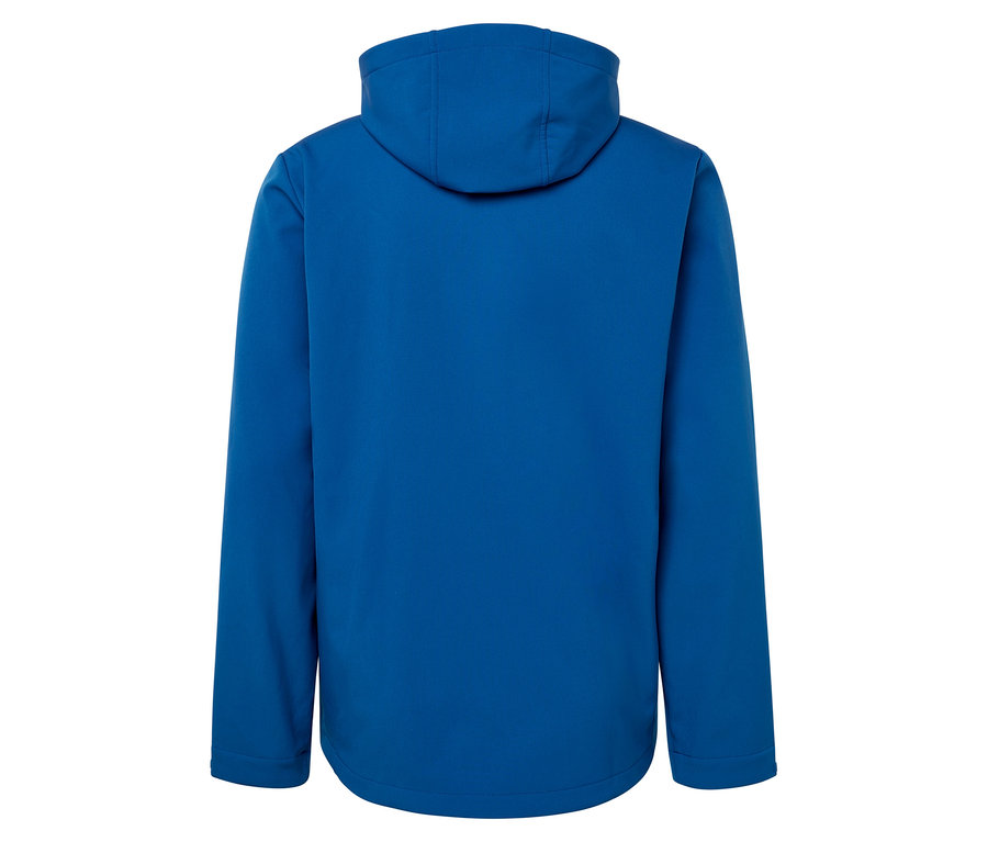 Zadný pohľad na modrú bundu s kapucňou.