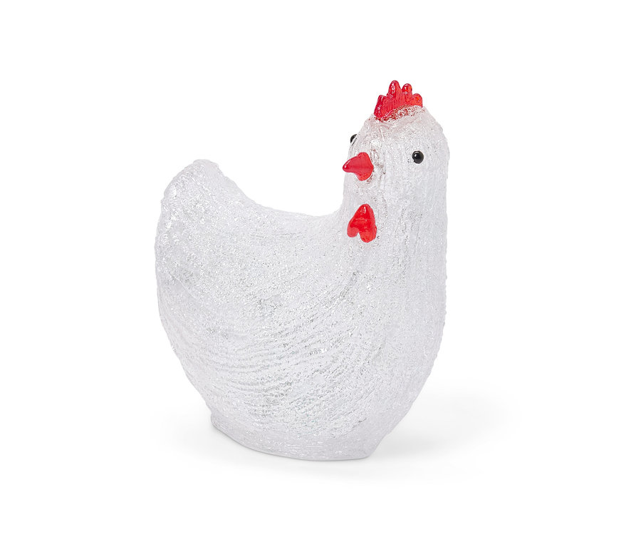 Detailná fotografia solárnej LED sliepky na vonkajšie použitie, bielej farby s červeným hrebienkom.