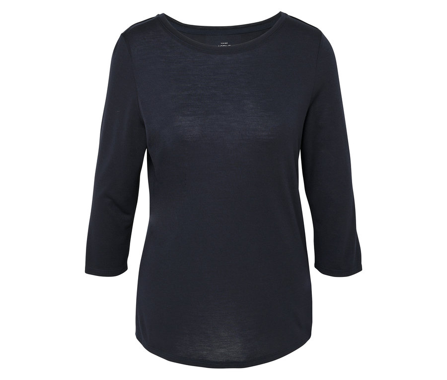 Tmavo modré tričko s trojštvrťovými rukávmi na bielom pozadí.