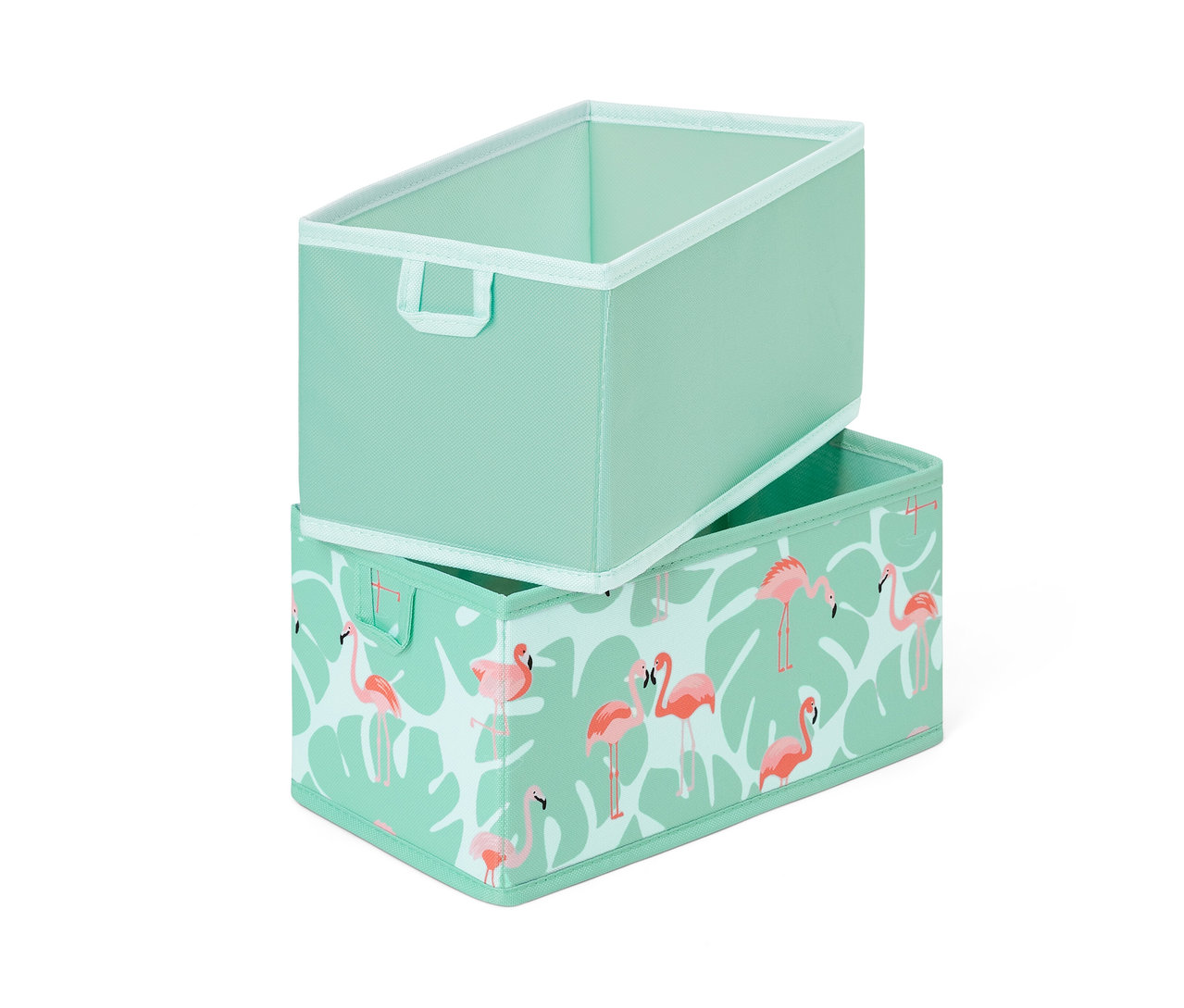 Dva organizéry do zásuviek naskladané na sebe. Jeden je svetlozelený a druhý má potlač s plameniakmi.