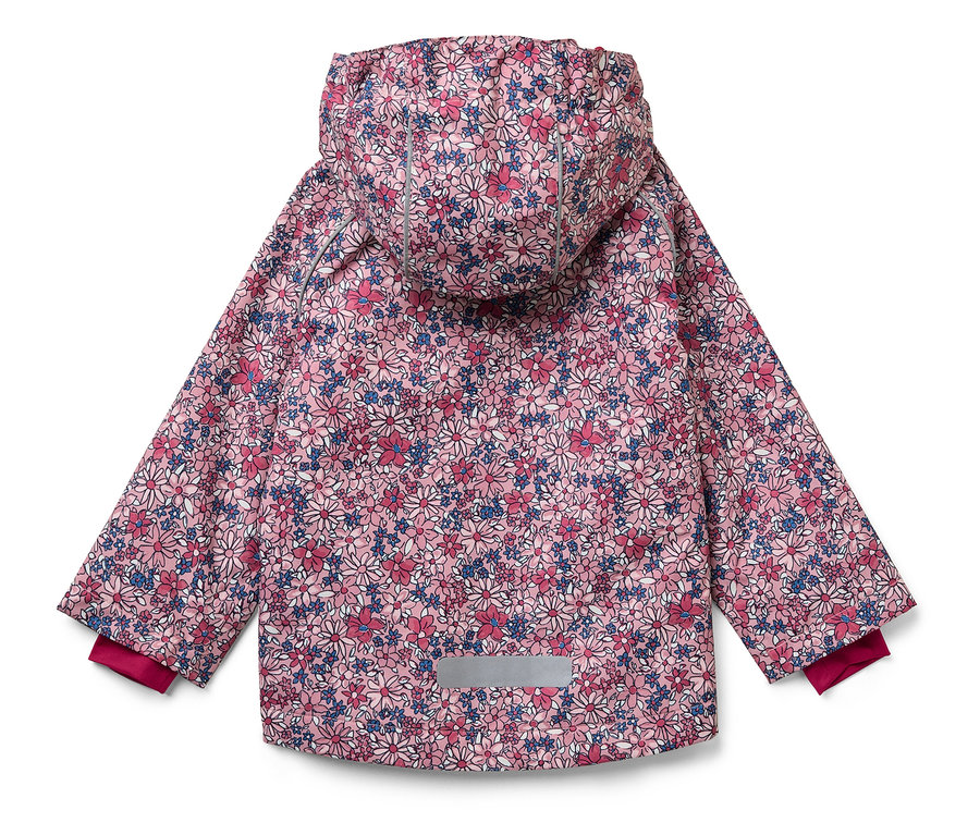 Ružová bunda s kvetinovou potlačou s kapucňou, pohľad zozadu.