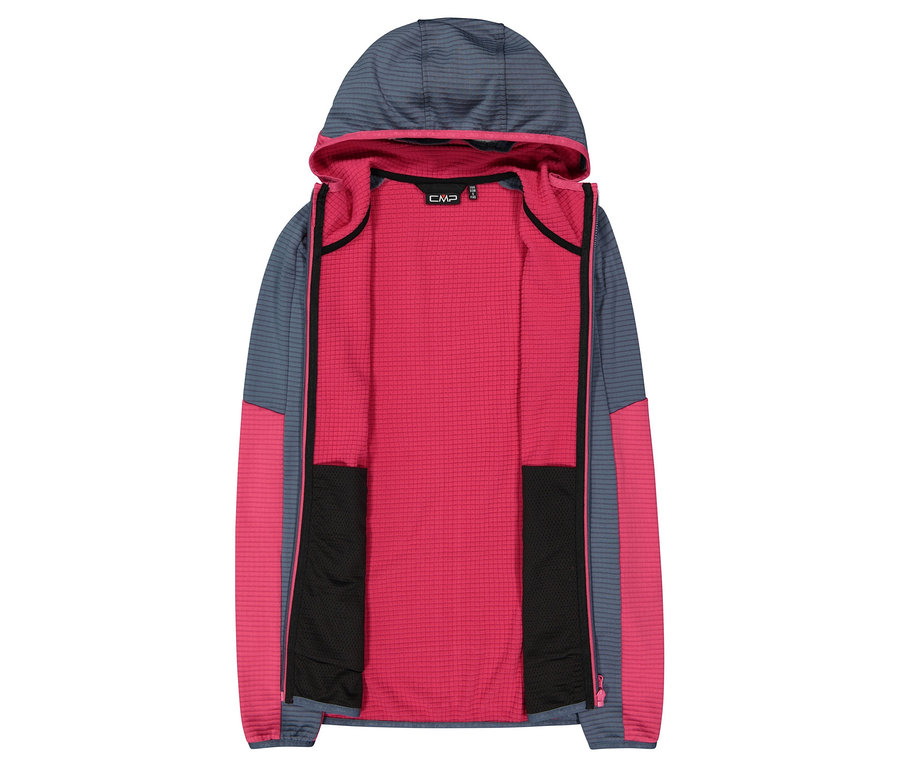 Otvorená mikina s kapucňou v sivej a ružovej farbe s čiernymi vreckami.