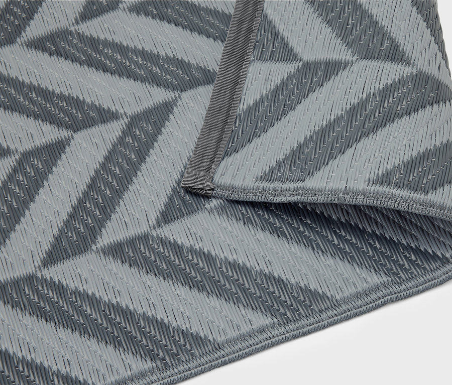 Sivá pikniková deka s geometrickým vzorom leží zložená na bielom pozadí.