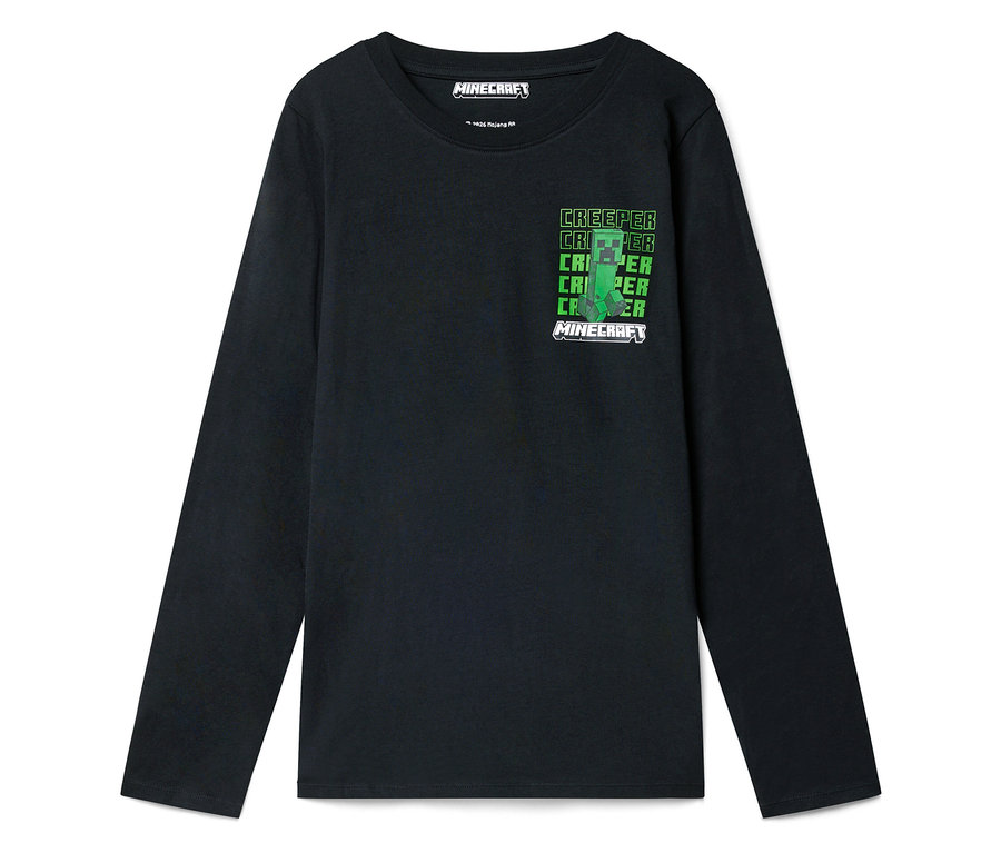 Čierne tričko s dlhým rukávom s motívom Minecraft Creeper na hrudi.