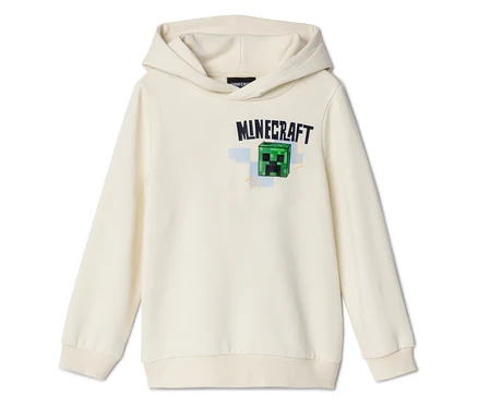 Krémová mikina s kapucňou s logom Minecraft a zelenou tvárou Creepera na hrudi.