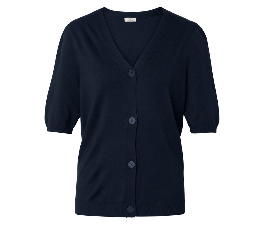 Tmavo modrý, krátky rukáv, kardigán s výstrihom do V a piatimi gombíkmi.