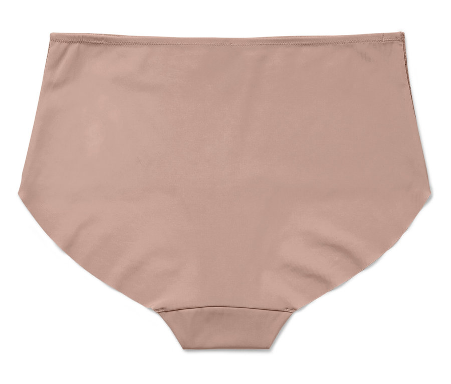 Na bielom pozadí ležia telové dámske nohavičky s vysokým pásom.