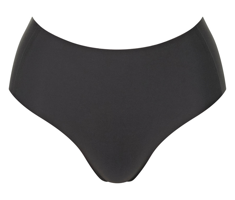 Tmavosivé dámske nohavičky s vysokým pásom ležiace na bielom pozadí.