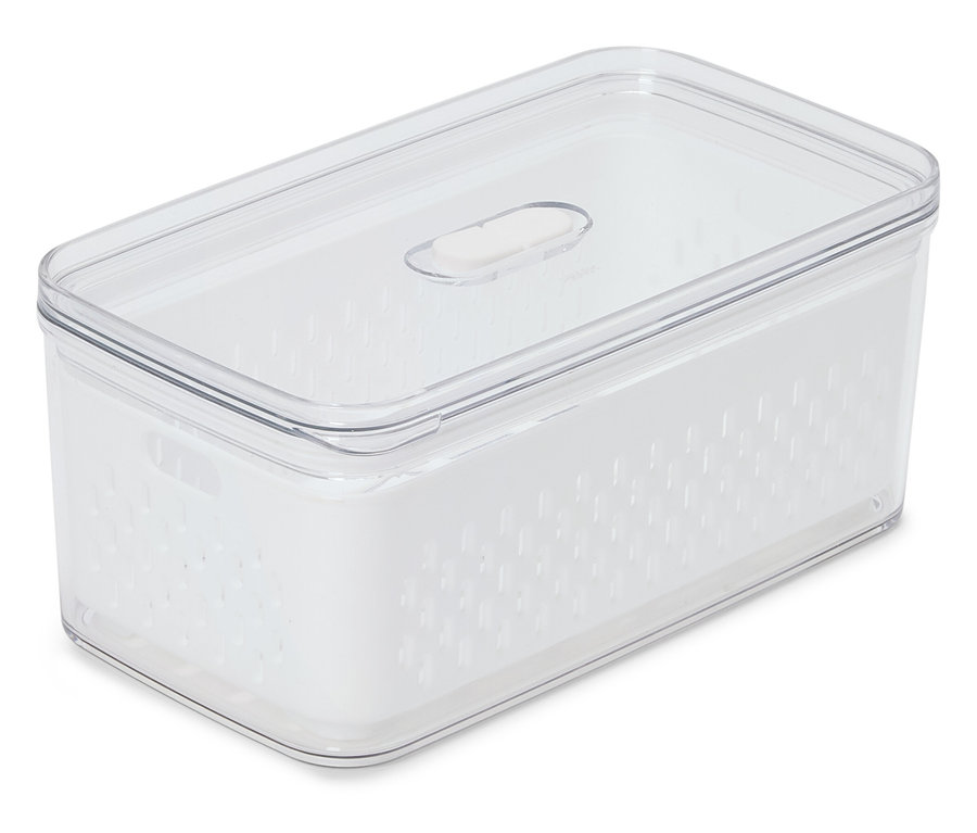 Obdĺžniková, priehľadná nádoba na uchovávanie potravín s bielou vložkou a priehľadným vekom stojí na bielom pozadí.