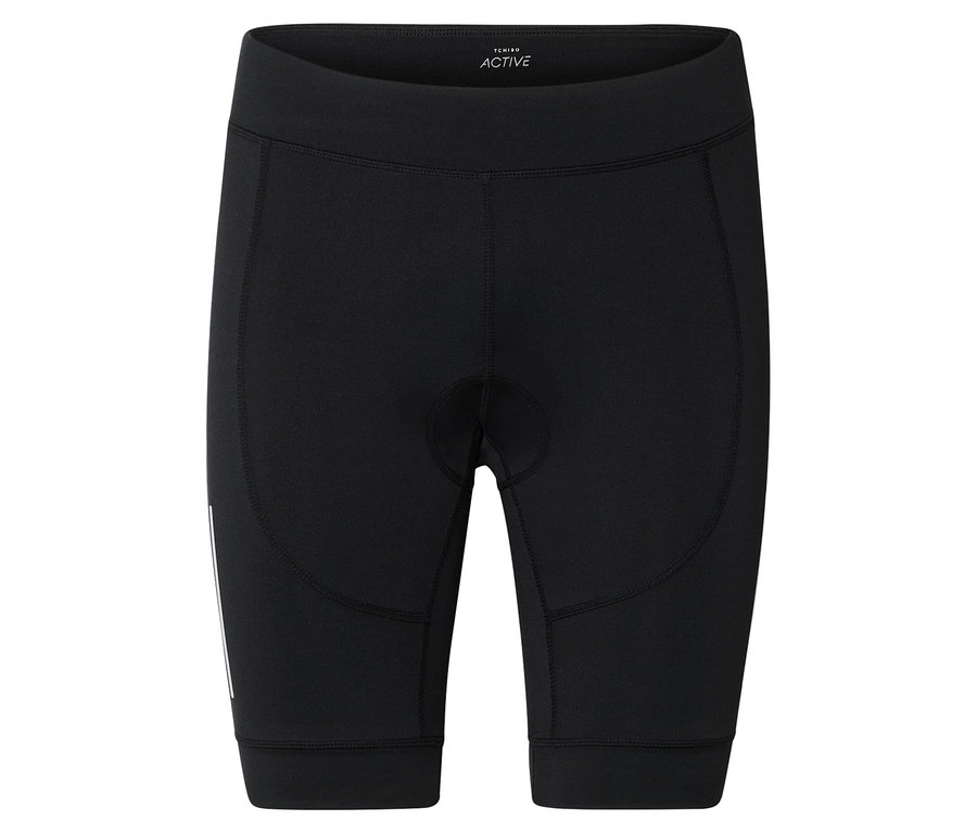 Čierne cyklistické šortky po kolená, mierne vypolstrované vpredu v strede, s reflexným pásikom na ľavej nohe.
