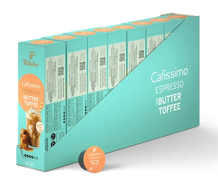 Rad balení kapsúl Cafissimo Flavoured Espresso - Buttertoffee v tyrkysovom obale.