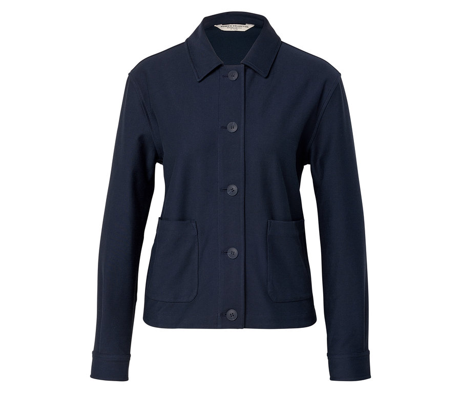 Tmavo modrá bunda s gombíkmi a vreckami.