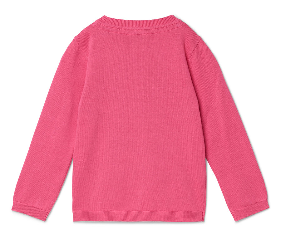 Pohľad zozadu na ružový pletený sveter s dlhými rukávmi.