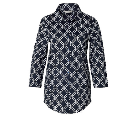 Džersejová piqué blúzka, celoplošná potlač v kombinácii tmavomodrej a bielej