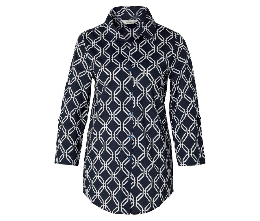 Džersejová piqué blúzka s celoplošnou potlačou v kombinácii tmavomodrej a bielej.