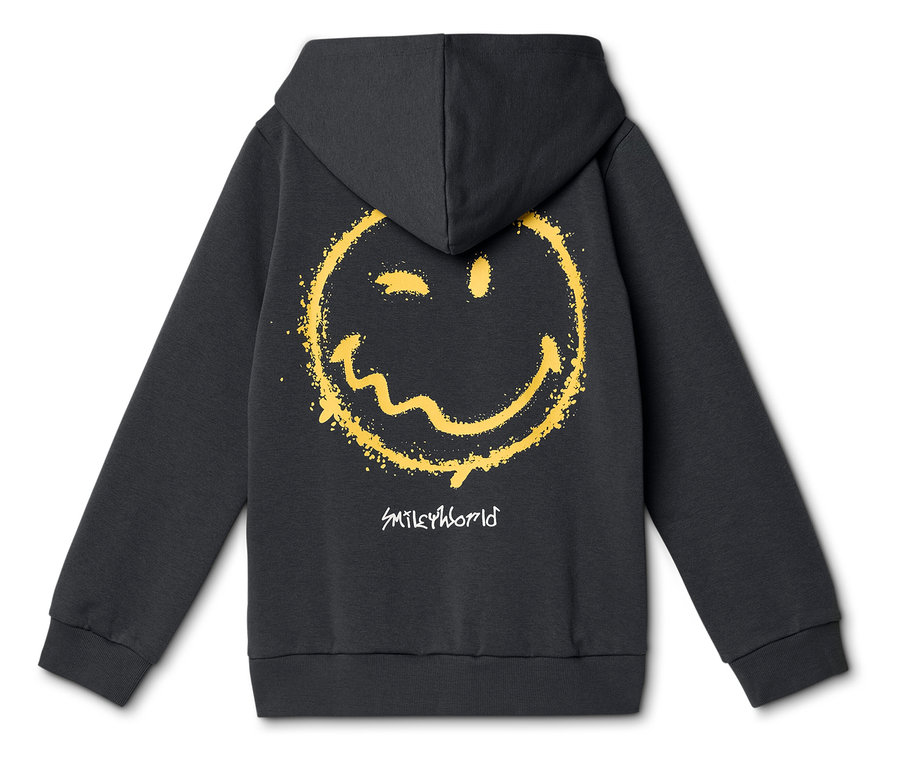 Čierna mikina s kapucňou s veľkou, ošúchanou žltou grafikou smajlíka a nápisom „SMILEYWORLD“ na chrbte.