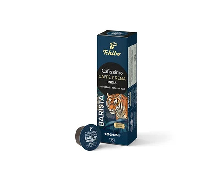 Tmavomodré balenie Cafissimo BARISTA Caffè Crema India s 10 kapsulami, zdobené hlavou tigra, a jedna kapsula vpredu.