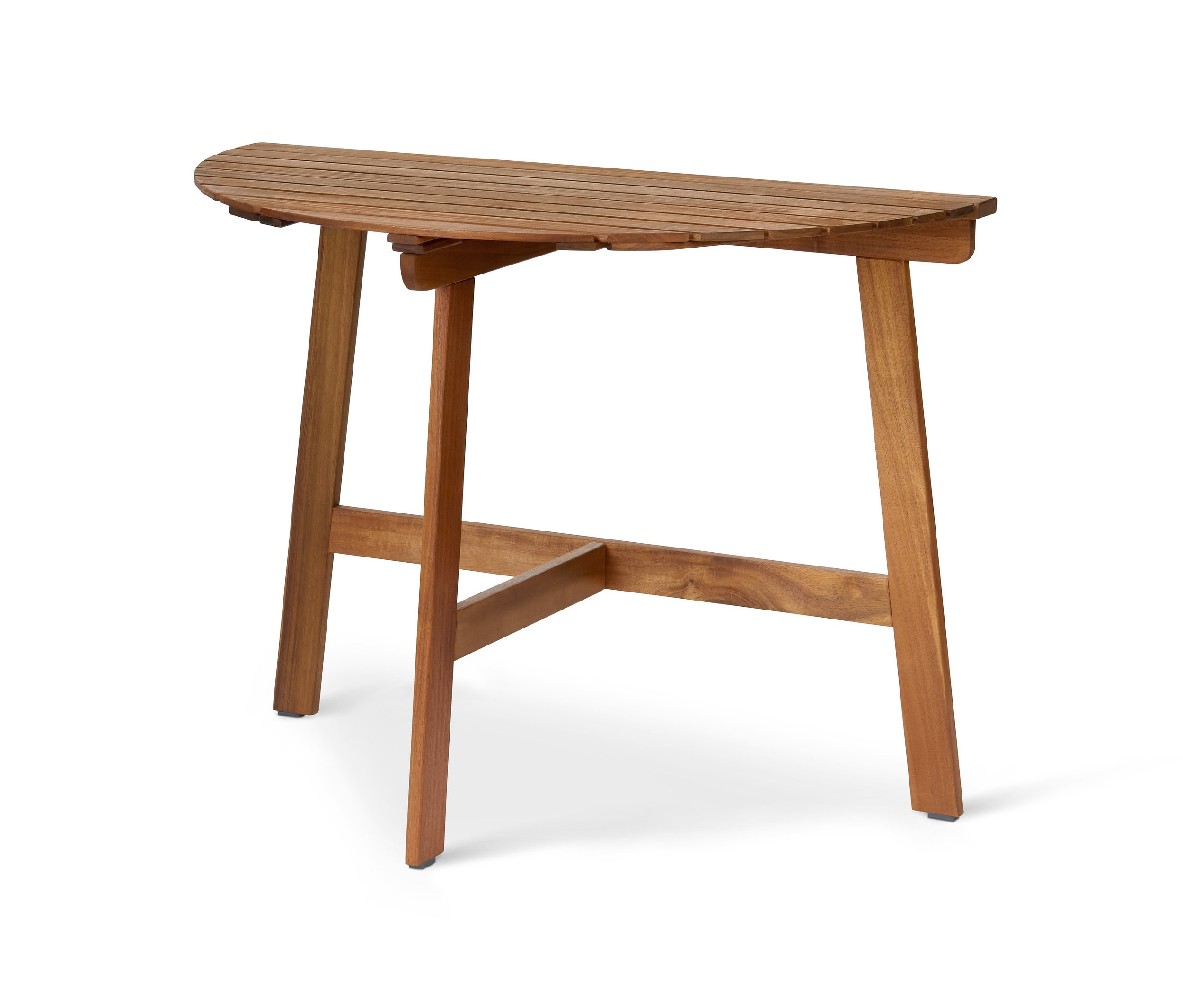 Skladací stolík na balkón z akáciového dreva s lamelovou doskou a štyrmi nohami.