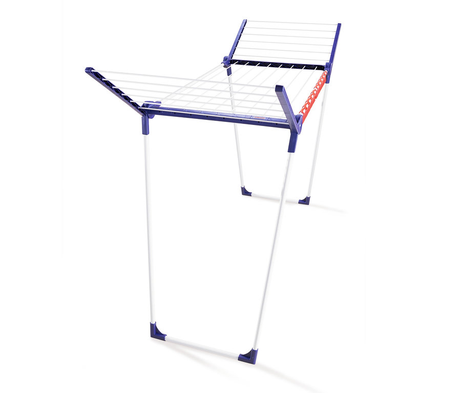Rozložený stojanový sušiak na bielizeň Leifheit Pegasus 150 Solid Slim s bielymi nohami a modrým rámom.
