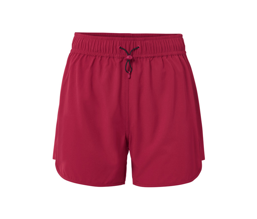 Kúpacie šortky vínovej farby s elastickým pásom a sťahovacou šnúrkou.