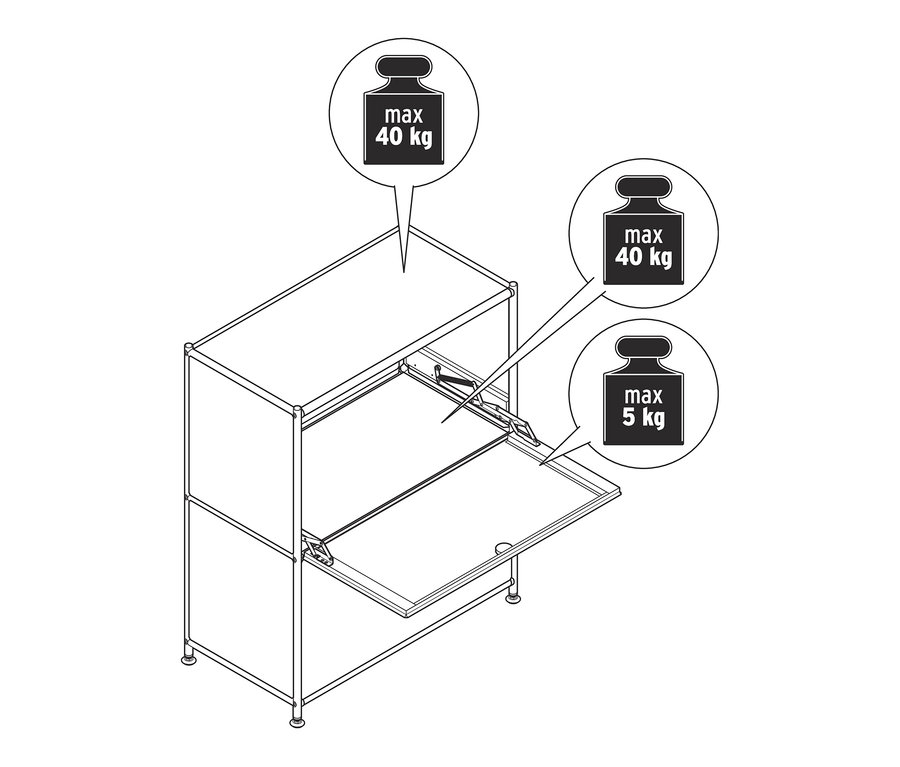 Náčrt kovovej odkladacej skrinky »CN3« s 2 výklopnými priečinkami.