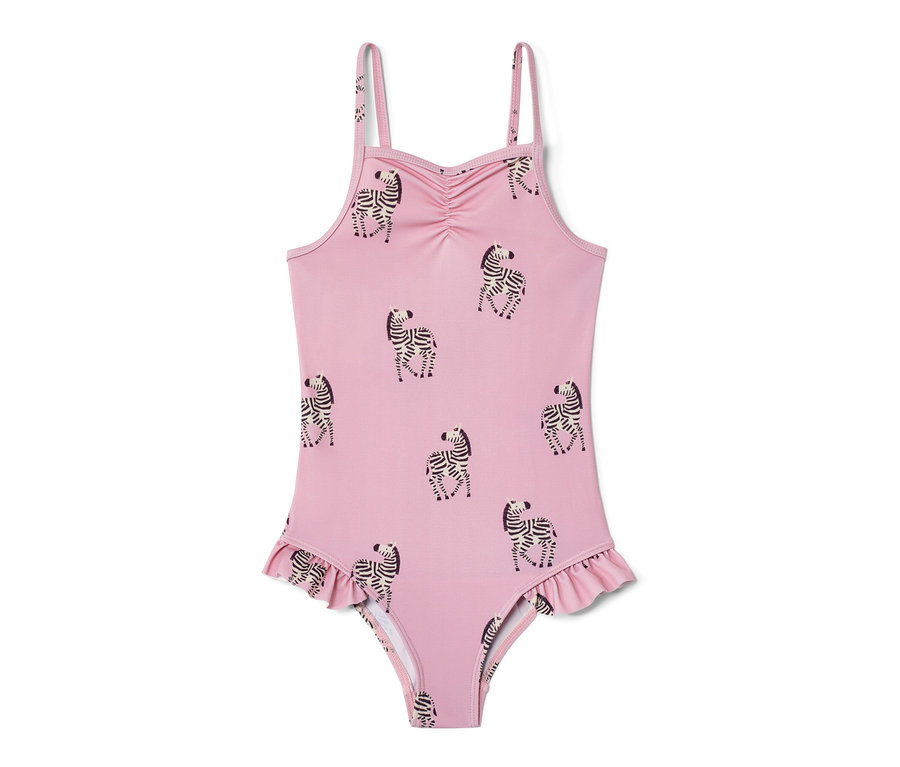 Ružové jednodielne plavky s volánikmi a potlačou zebry.