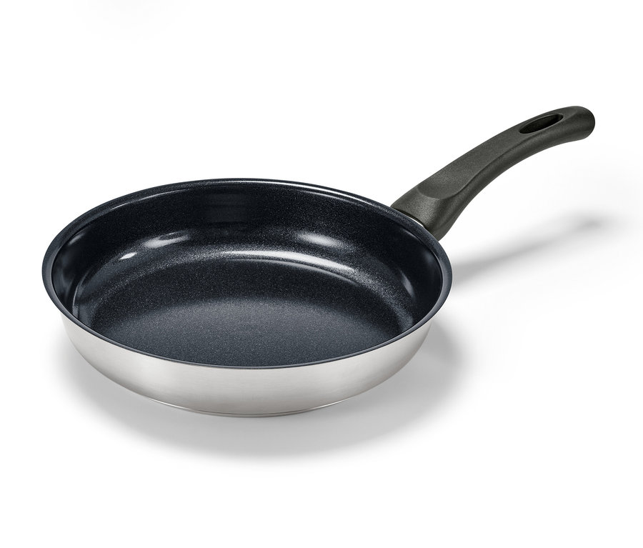Panvica z ušľachtilej ocele s kvalitnou keramickou povrchovou úpravou, priemer cca 24 cm.