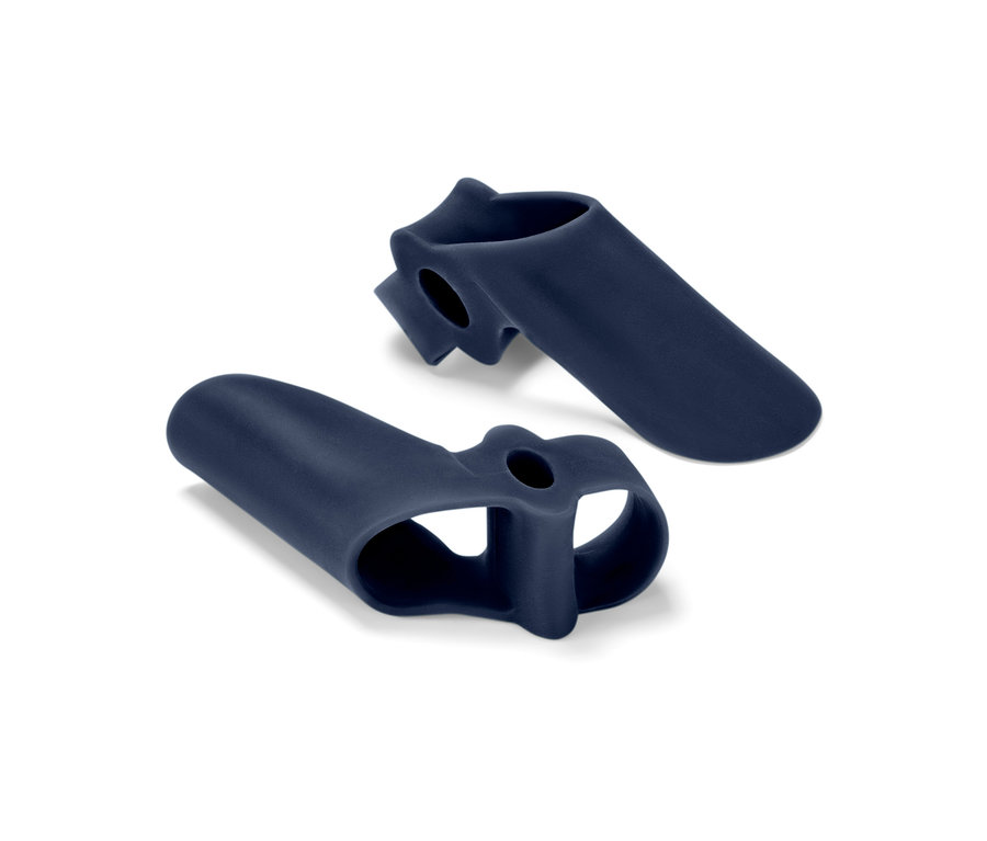 Dva modré chrániče na hallux valgus, 2 ks, ležia na bielom pozadí.