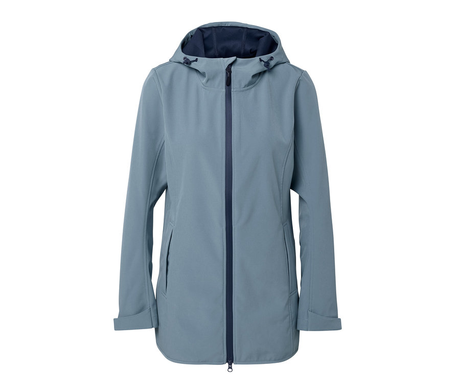 Modrá softshellová bunda so zipsom a kapucňou.